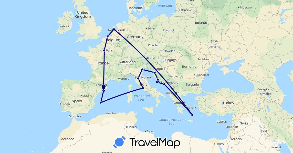 TravelMap itinerary: driving in Belgium, Spain, France, Greece, Croatia, Italy, Netherlands (Europe)
